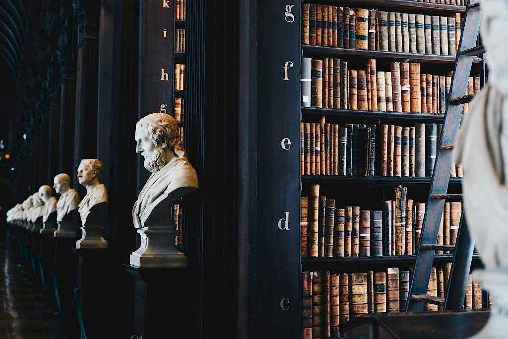 Row of busts in a library